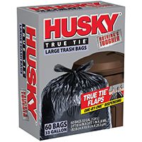 HUSKY HK33WC060B Trash Bag, 33 gal Capacity, Tie Closure, Polyethylene, Black
