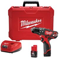 Milwaukee 2408-22 Hammer Drill/Driver Kit, 12 V Battery, Lithium-Ion Battery, 3/8 in Chuck, Black/Red